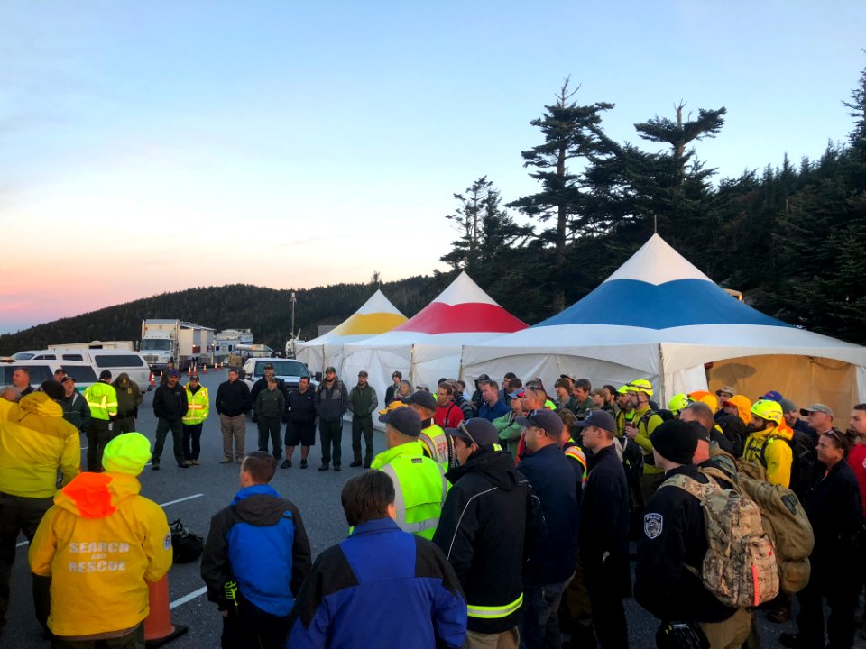 Interagency personnel attending search and rescue operational briefings during search efforts for Ms. Susan Clements in Great Smoky Mountains National Park, NPS Photo