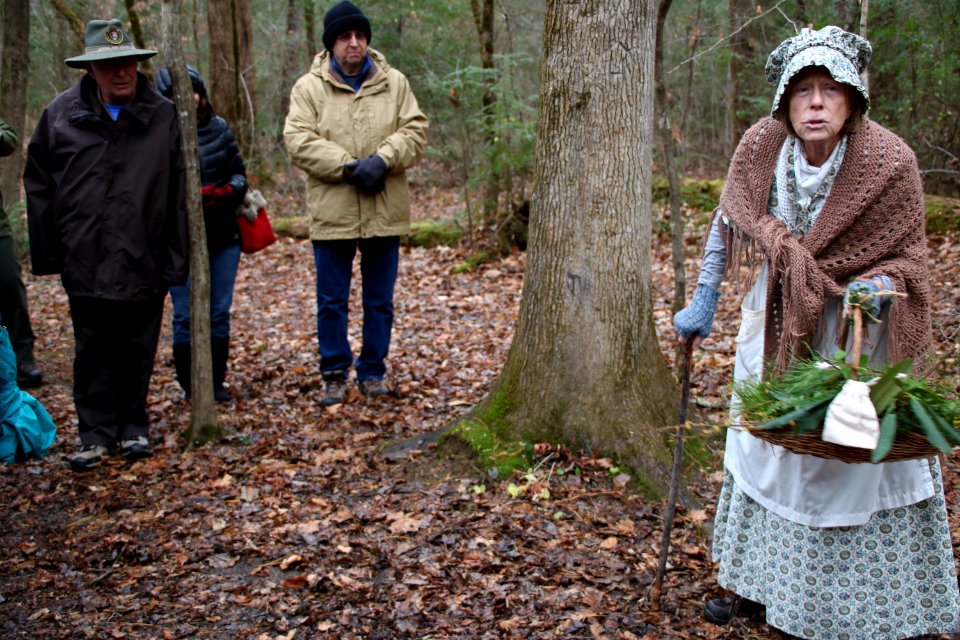 Volunteer Frances Hensley on the Christmas Memories Walk at the 2018 Festival of Christmas Past, December 8, 2018--Warren Bielenberg
