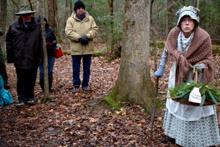 Volunteer Frances Hensley on the Christmas Memories Walk at the 2018 Festival of Christmas Past, December 8, 2018--Warren Bielenberg