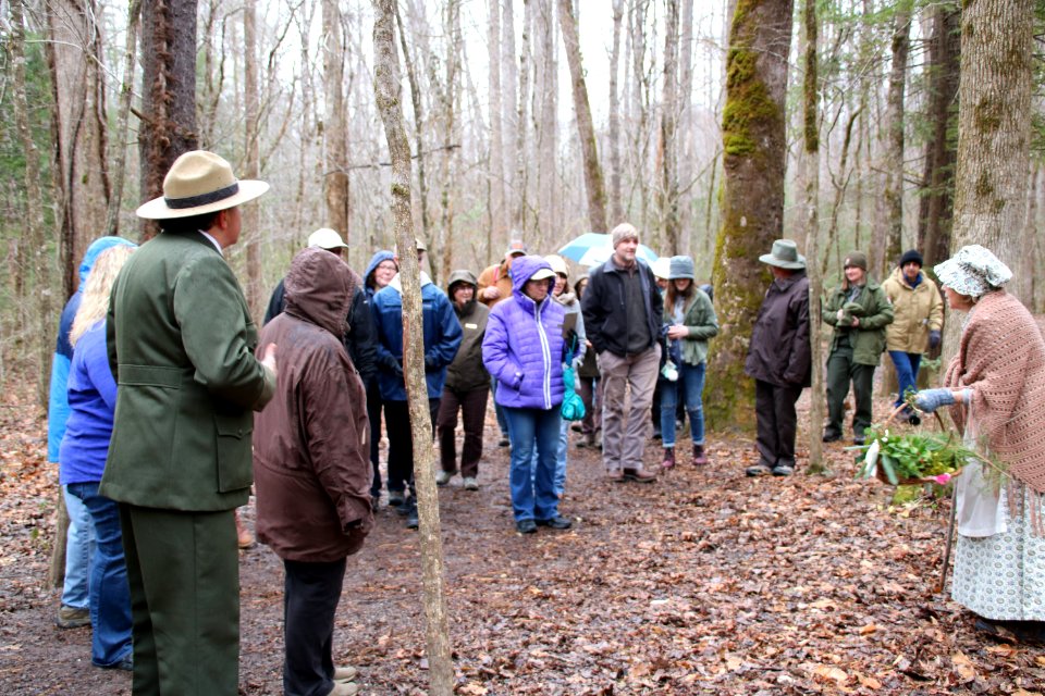 Volunteer Grant Palmer and volunteer Frances Hensley on the Christmas Memories Walk at the 2018 Festival of Christmas Past, December 8, 2018--Warren Bielenberg
