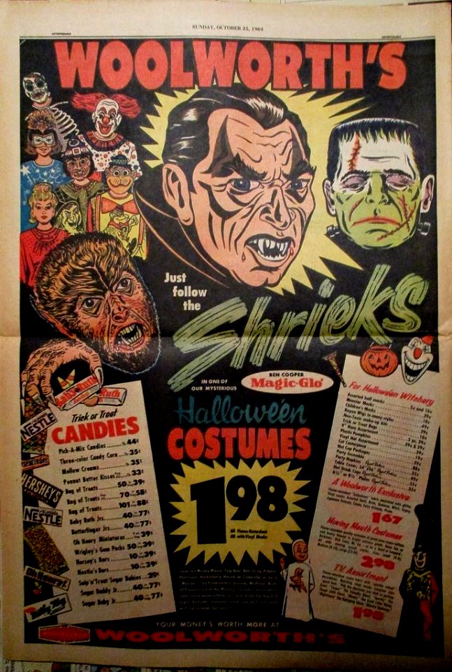 FRANKENSTEIN - Ad - Mask - Halloween - Woolworth's - Newspaper - Chicago Tribune - Sunday, October 25, 1964 - 21 in. X 14 in.