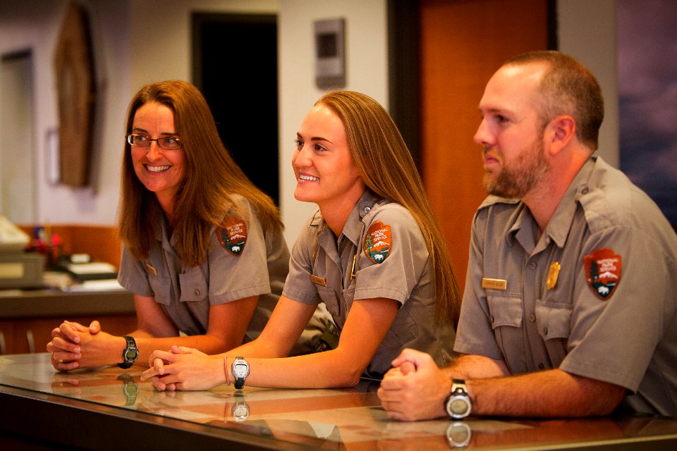Rangers Angie, Kait and Stephen at the visitor center