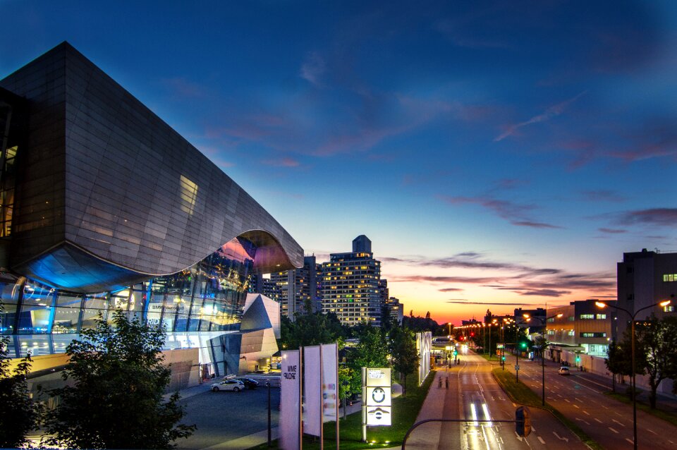 Bmw world night photograph blue hour