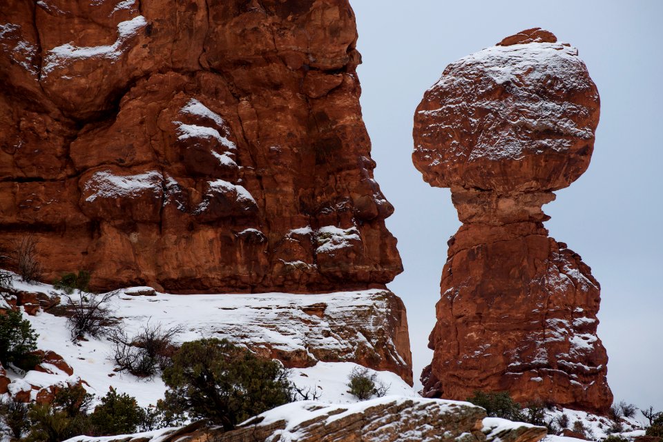 Balanced Rock, dusted with snow.