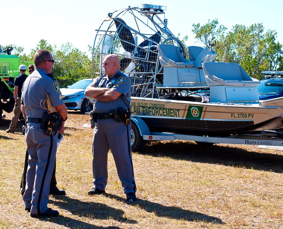 Collier County sheriffs Danny and Eddy with an FWC Law Enforcement airboat