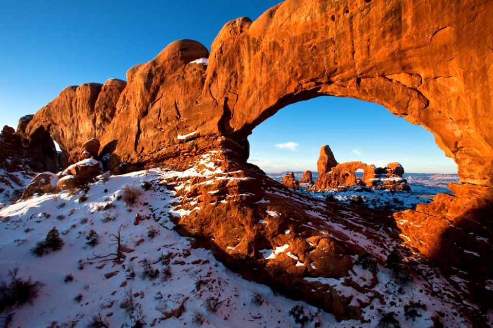 First Light on Turret Arch Framed by North Window - Wide