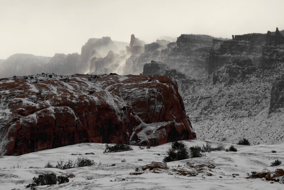 Blowing snow on the Moab rim.