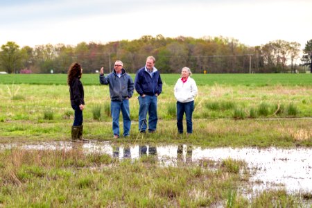 Matt and Marilyn Spong, Megan Lang (USFWS), and Greg McCarty (USDA) look out over the restored wetland