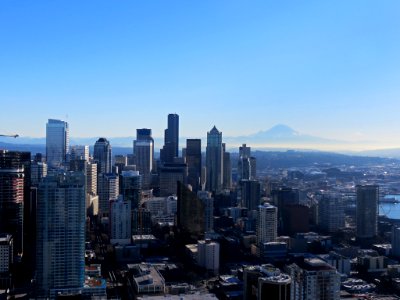 View of Mt. Rainier and Seattle, WA from Space Needle photo