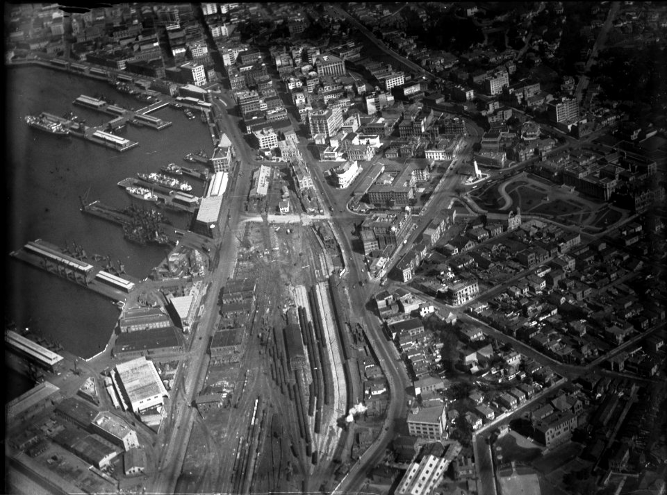 141; Aerial view of Lambton, Wharf Area and Rail Yards - 1930s