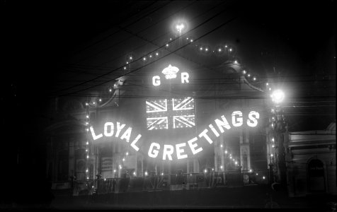 96; Building decorated with lights and flags to commemorate the  Prince of Wales visit - May 1920