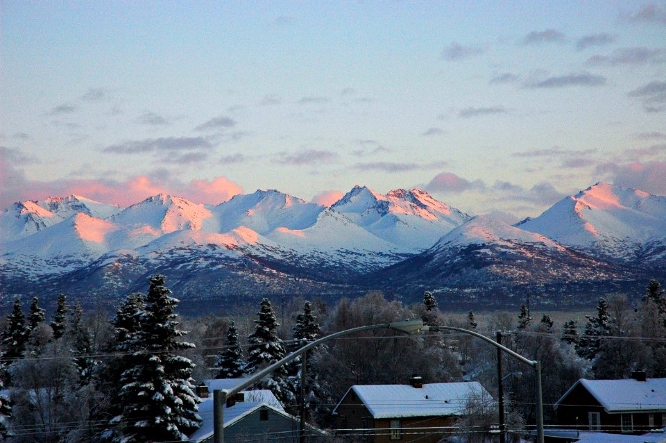 Chugach Range Mountains, Christmas Eve, viewed from the 4th floor Pioneer's Home, Anchorage, Alaska, USA