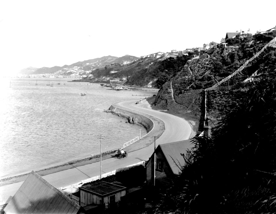 36- At Rata Road, dwellings on hillside and view across to Evans Bay., Evans Bay Road - Oct 1925