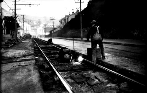 8; Aro Street, spot welding fishplates on newly laid tram rails - 06 Jun 1930
