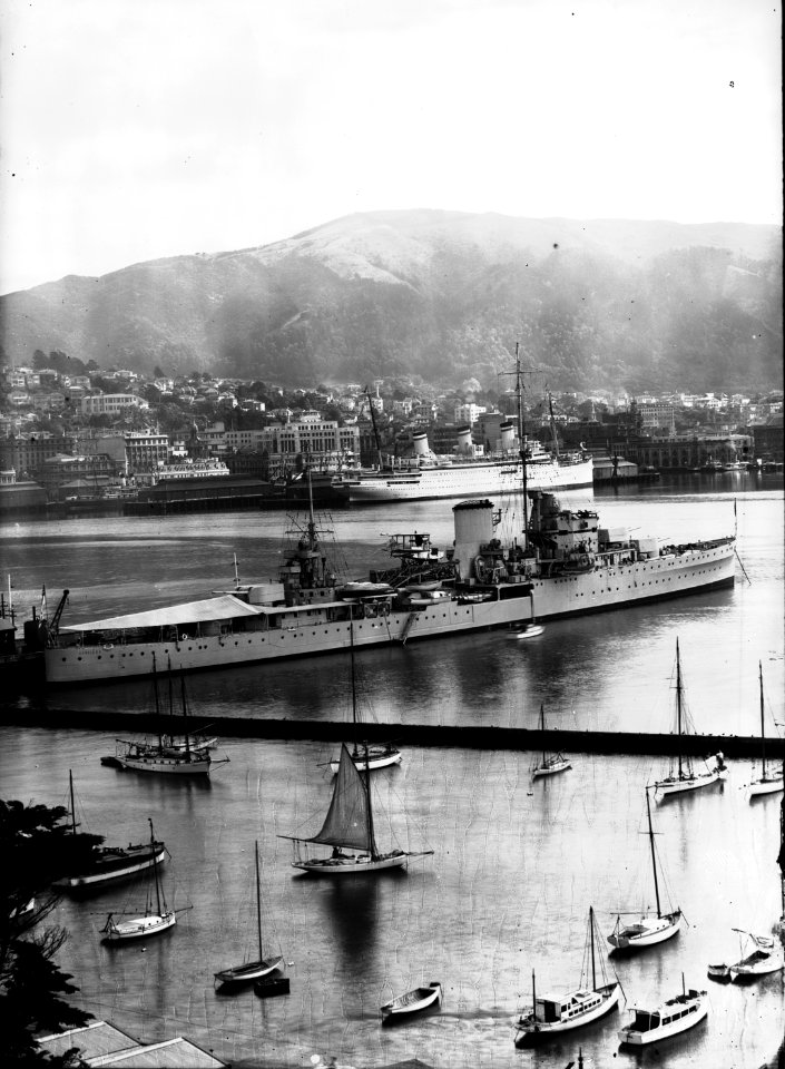 31; Naval ship, HMNZS Achilles. moored at Clyde Quay Wharf - Circa 1940