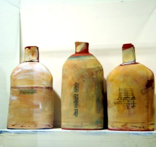 Contemporary art, three labeled ceramic bottles, by Nancy Selvin, 3rd floor, Building 110, Microsoft Art Collection, Redmond, Washington, USA