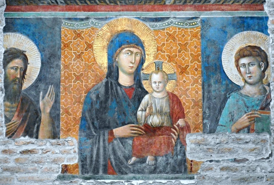 "Virgin Mary with Child between Saint John the Baptist and Saint John the Evangelist" - fresco by Pietro Cavallini (Rome about 1240-Rome about 1330) - Aracoeli Church in Rome