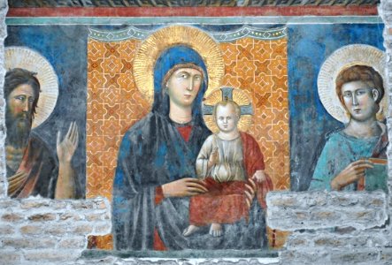 "Virgin Mary with Child between Saint John the Baptist and Saint John the Evangelist" - fresco by Pietro Cavallini (Rome about 1240-Rome about 1330) - Aracoeli Church in Rome photo