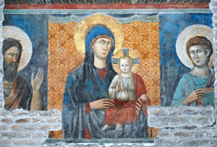 "Virgin Mary with Child between Saint John the Baptist and Saint John the Evangelist" - fresco by Pietro Cavallini (Rome about 1240-Rome about 1330) - Aracoeli Church in Rome