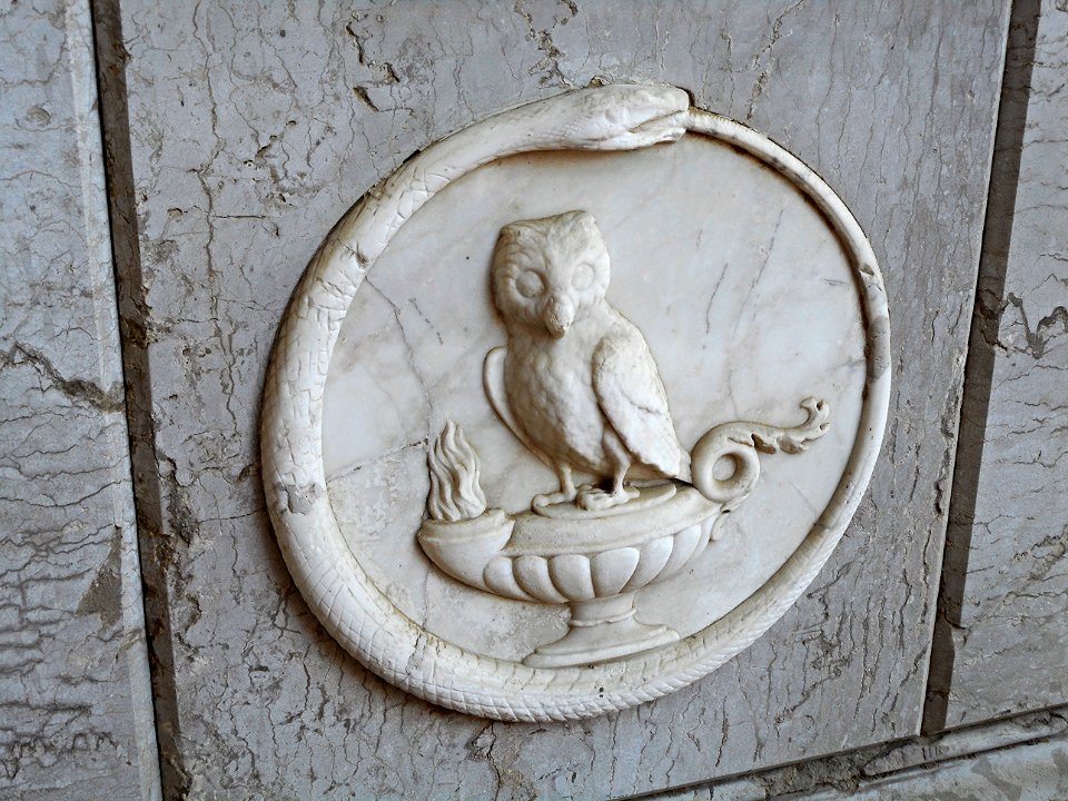 Symbology: OIL-LAMP=Study; OWL=Wisdom; CIRCULAR SNAKE=Eternity - Former sepulchre of Giacomo Leopardi (Recanati 1798-Naples 1837) - Literary Park of Vergil and Giacomo Leopardi at Piedigrotta in Naples