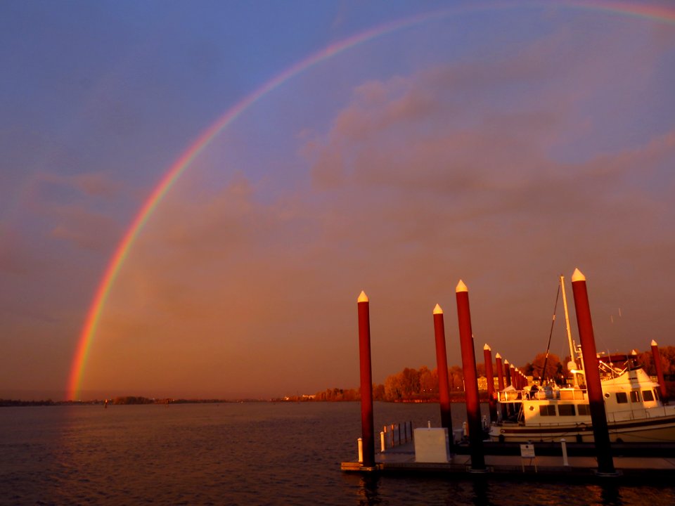Full Rainbow at Sunrise at Columbia River in Washington