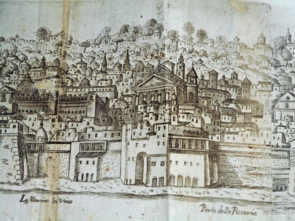 "San Severino e Sossio Friary and San Paolo Maggiore church in Naples" - Detail of "La fedelissima Città di Napoli", etching by Alessandro Baratta and Nicolas Perrey (Naples 1680) - Naples, National Library