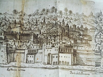 "San Severino e Sossio Friary and San Paolo Maggiore church in Naples" - Detail of "La fedelissima Città di Napoli", etching by Alessandro Baratta and Nicolas Perrey (Naples 1680) - Naples, National Library