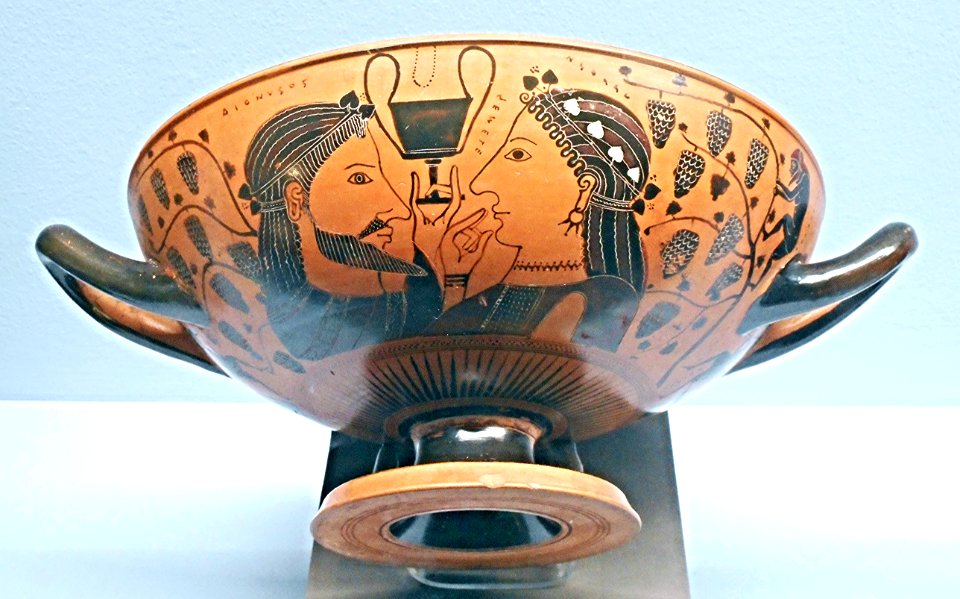 Dionysos and his mother Semele crowned with ivy between vines and grape-harvesting silens - cup made in Athens (Kallis painter, 560-540 BC) - from Santa Maria Capua Vetere (Caserta) - Exhibition "Myth and Nature" at Archaeological Museum of Naples, until