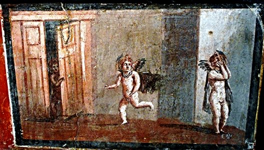 "Cupids playing hide-and-seek" - wall painting (60-79 AD) from Herculaneum, House of the Deer -  Exhibition "Charles of Bourbon [Carlos III] and the diffusion of Antiquities: Naples, Madrid, Mexico" up to March 22, 2017 - Naples, Archaeological Museum