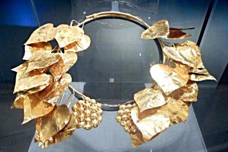 Gold crown of ivy leaves and flowers (340-320 BC) from a clandestine excavation, probably from Apollonia (Macedonia) - Salonic, Archaeological Museum, now at exhibition "Myth and Nature" at Archaeological Museum of Naples, until September 30, 2016 photo