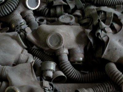 Close up gasmasks Pripyat Chernobyl exclusion zone Ukraine
