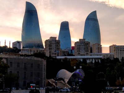 Flame buildings from waterfront Baku Azerbaijan