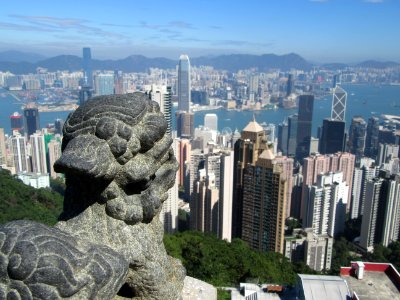 Lion at his viewpoint looking towards Central Hong Kong
