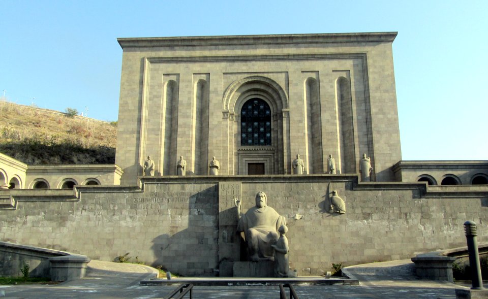 Matenadaran Building for the manusripts of Armenia  Mashots statue teaching his alphabet Yerevan Armenia