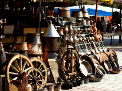 Copper items for sale at weekend market Yerevan Armenia photo