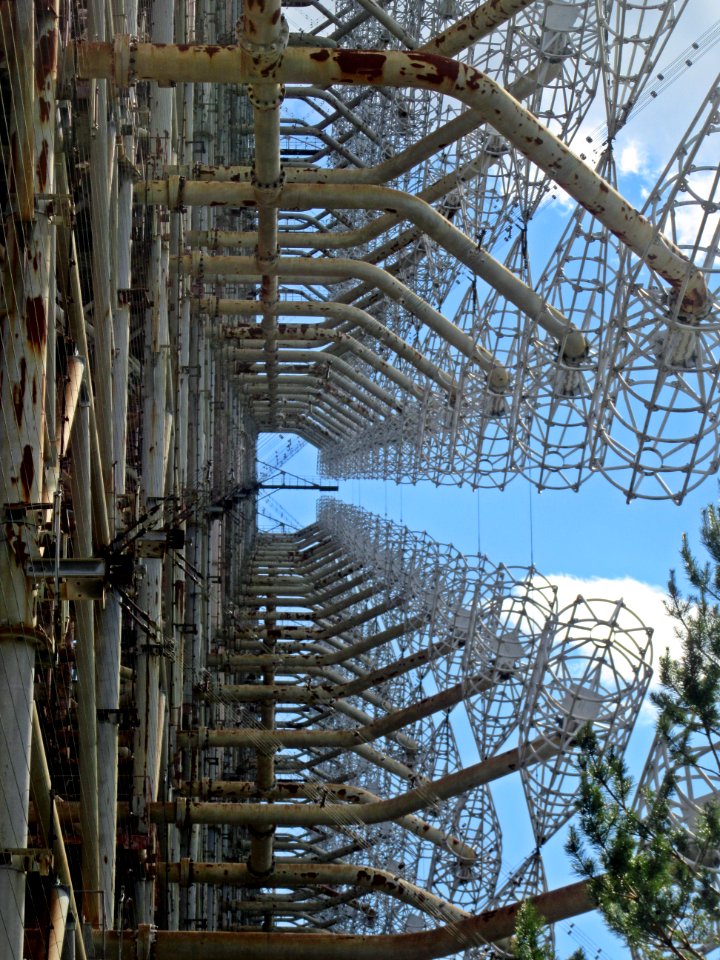 Looking up at Duga 3 Russian Woodpecker over the horizon radar towers Chernobyl exclusion zone Ukraine