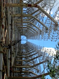 Looking up at Duga 3 Russian Woodpecker over the horizon radar towers Chernobyl exclusion zone Ukraine