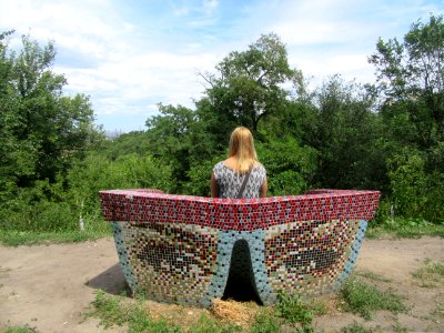Mandy and Bench with eyes Peizazhna Alley Kiev Ukraine