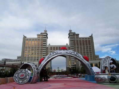 KazMunay Gas Headquarters and breacelent statue Astana Kazakhstan