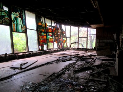 Stained glass riverfront cafe Pripyat Chernobyl exclusion zone Ukraine