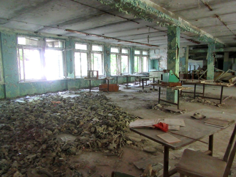 School cafeteria full of gasmasks Pripyat Chernobyl exclusion zone Ukraine
