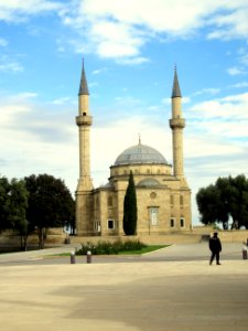 Shakhidlar Mosque near flame towers Baku Aerbaijan