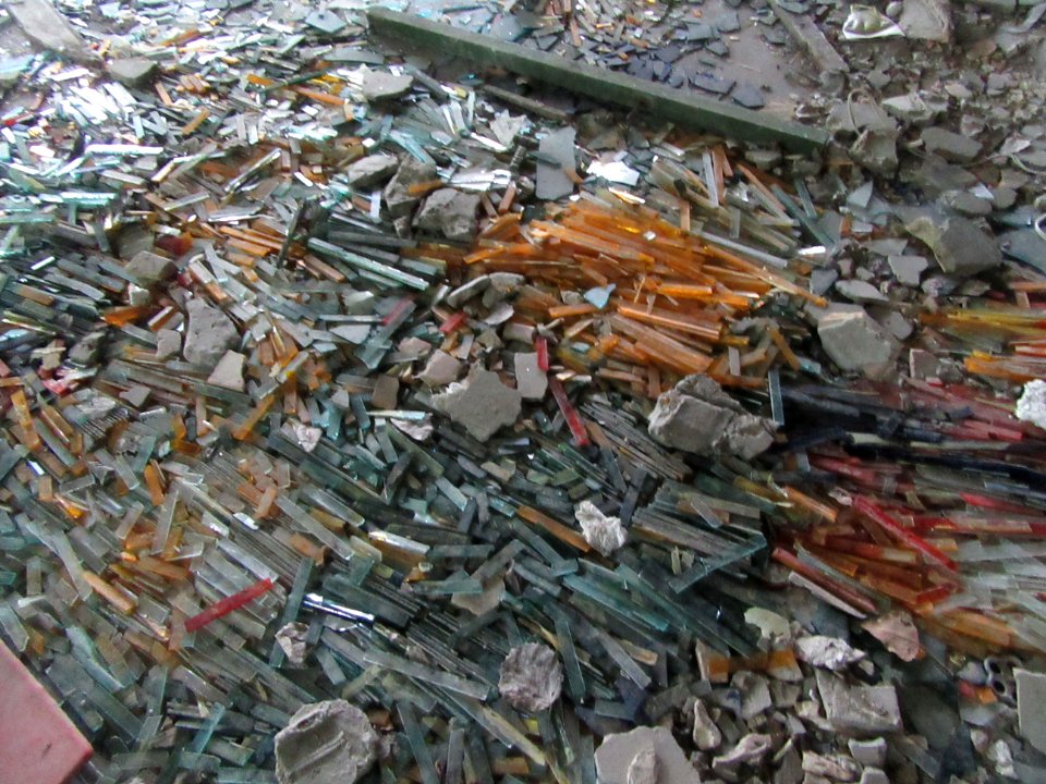 Broken colored glass of riverfront pavillion Pripyat Chernobyl exclusion zone Ukraine