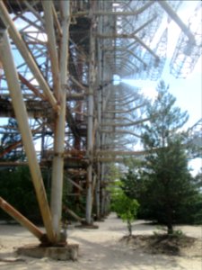 Base looking at the spirals Duga 3 Russian Woodpecker over the horizon radar towers Chernobyl exclusion zone Ukraine