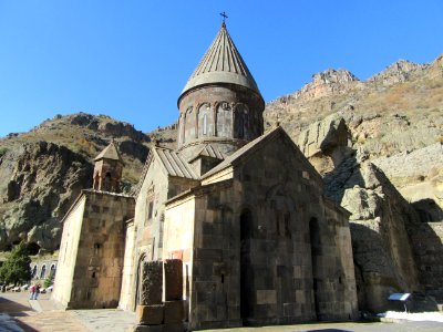 Surp Astvatsatsin Holy Mother of God church and the hillside it is connected to Geghard Monastery Armenia photo