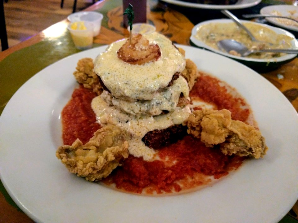 Fried Eggplant shrimp tomato sauces fried oysters Biscuits and Blues Natchez Frogmore Cotton Plantation Louisiana