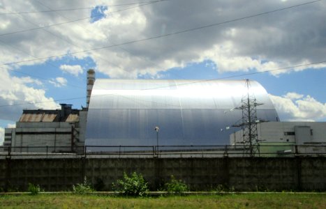 Side View of Reactor 4 new Sarcaphogus dome covering the reactor Chernobyl exclusion zone Ukraine