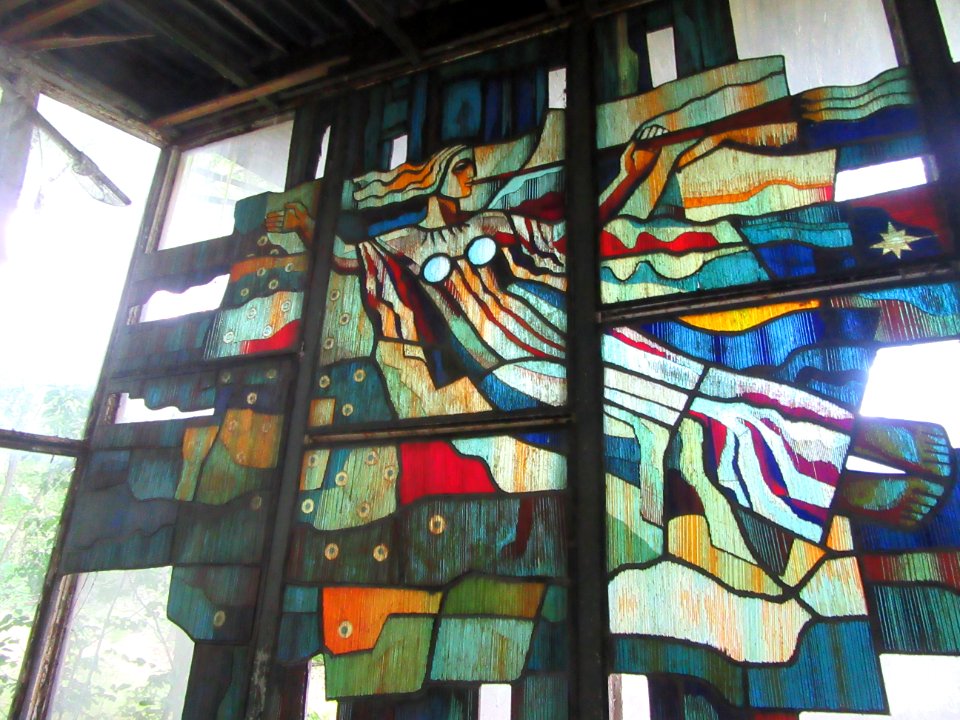 Closeup stained glass Pripyat riverfront Pavillion Chernobyl exclusion zone Ukraine