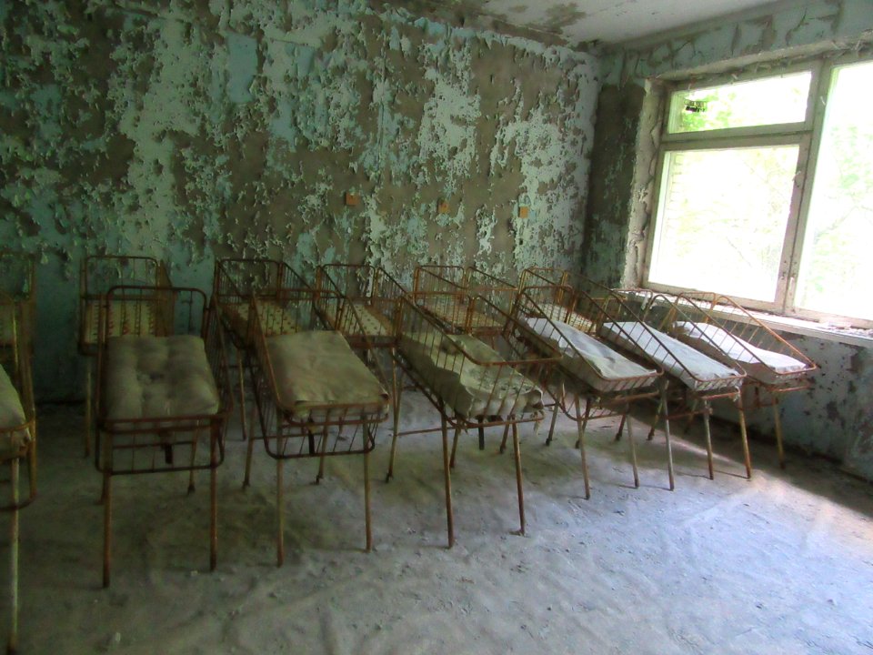 Nursery or at least the cribs Pripyat hospital Chernobyl exclusion zone Ukraine