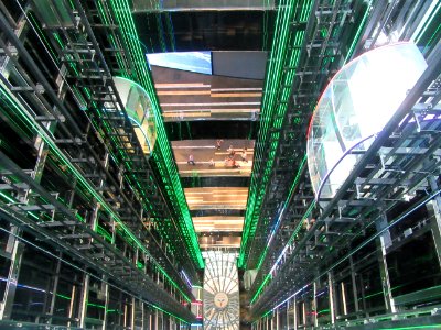 Elevator shaft with Green light National Pavilion Expo 2017 Astana Kazakhstan